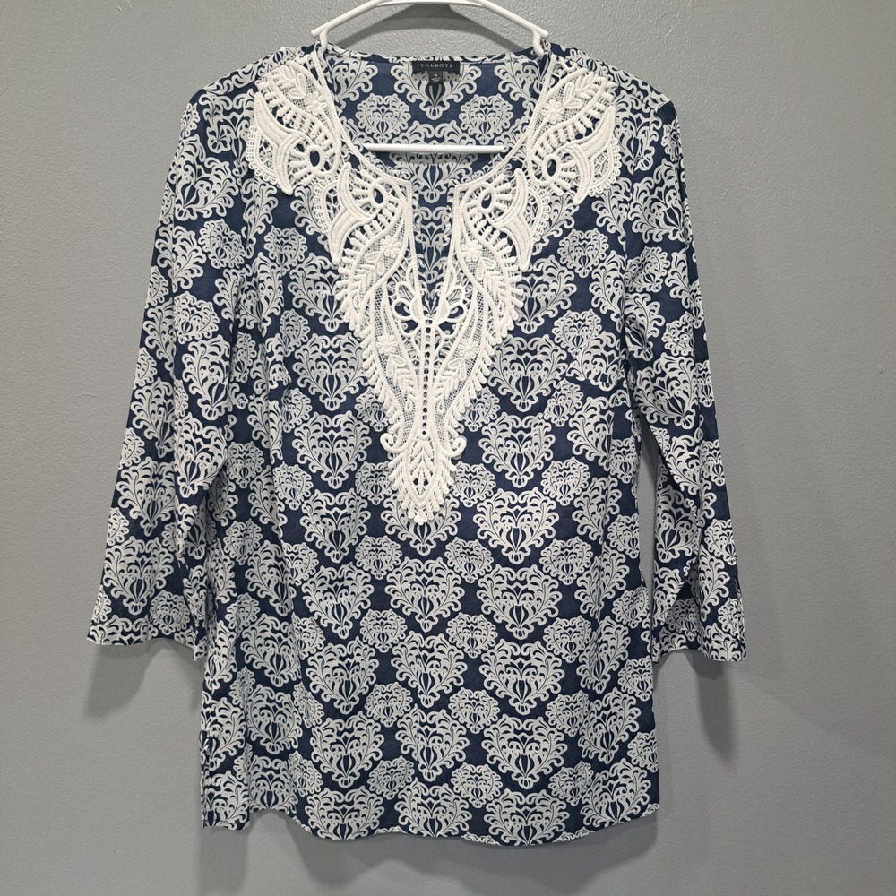 Talbots Blue White Damask Cotton Tunic Top Crochet Lace V-Neck 3/4 Sleeve Boho S